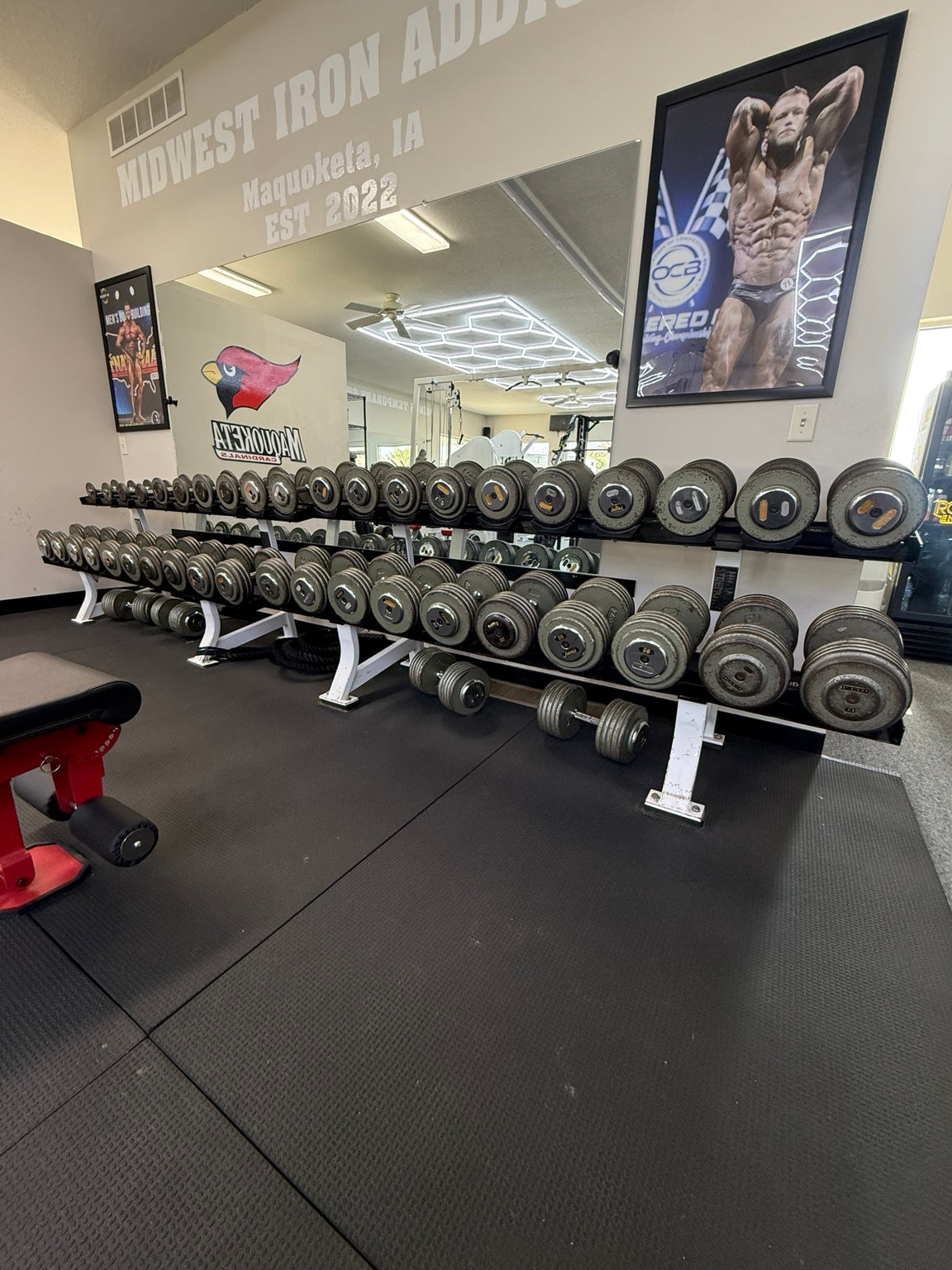 Midwest Iron Addicts dumbbell area in Maquoketa, Iowa